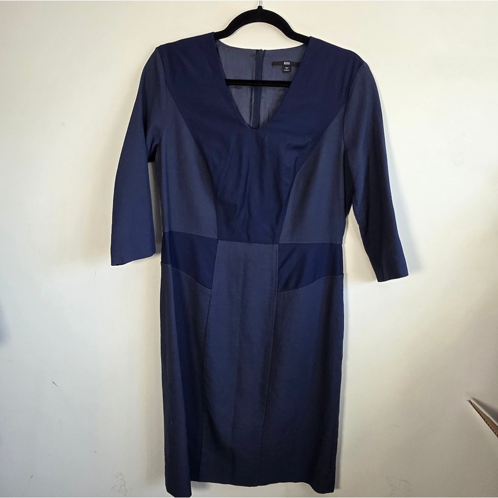 BOSS Hugo Boss Navy Wool Sheath Dress US 8 V Neck 3/4 Sleeve Career Office Midi - Picture 13 of 14